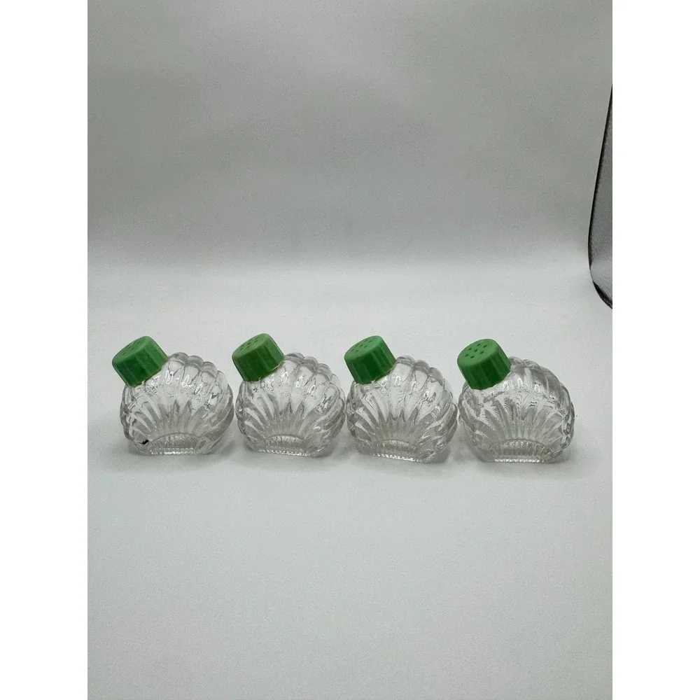 Vintage Glass Seashell Salt and Pepper Shakers Set of 4 Green Lids Coastal Decor